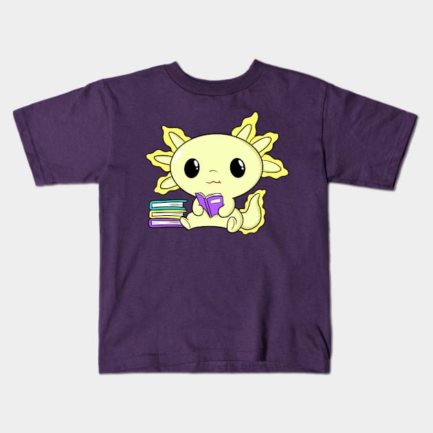 Cute Kawaii Yellow Axolotl Reading With Books Kids T-Shirt by hypedesigns19